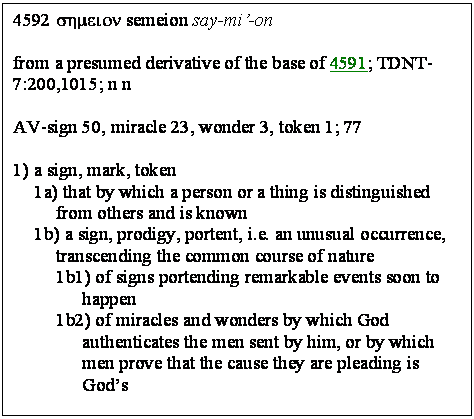 Text Box: 4592 shmeion semeion say-mi'-on 

from a presumed derivative of the base of 4591; TDNT-7:200,1015; n n 

AV-sign 50, miracle 23, wonder 3, token 1; 77 

1) a sign, mark, token 
1a) that by which a person or a thing is distinguished from others and is known 
1b) a sign, prodigy, portent, i.e. an unusual occurrence, transcending the common course of nature 
1b1) of signs portending remarkable events soon to happen 
1b2) of miracles and wonders by which God authenticates the men sent by him, or by which men prove that the cause they are pleading is God's 

